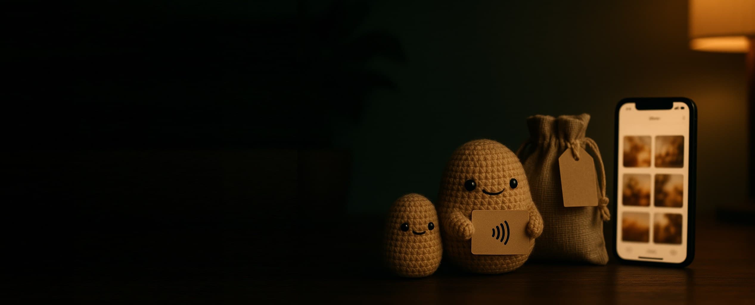 La famille Patatoche : trois peluches au crochet, leur pochette et la page souvenir sur un téléphone.