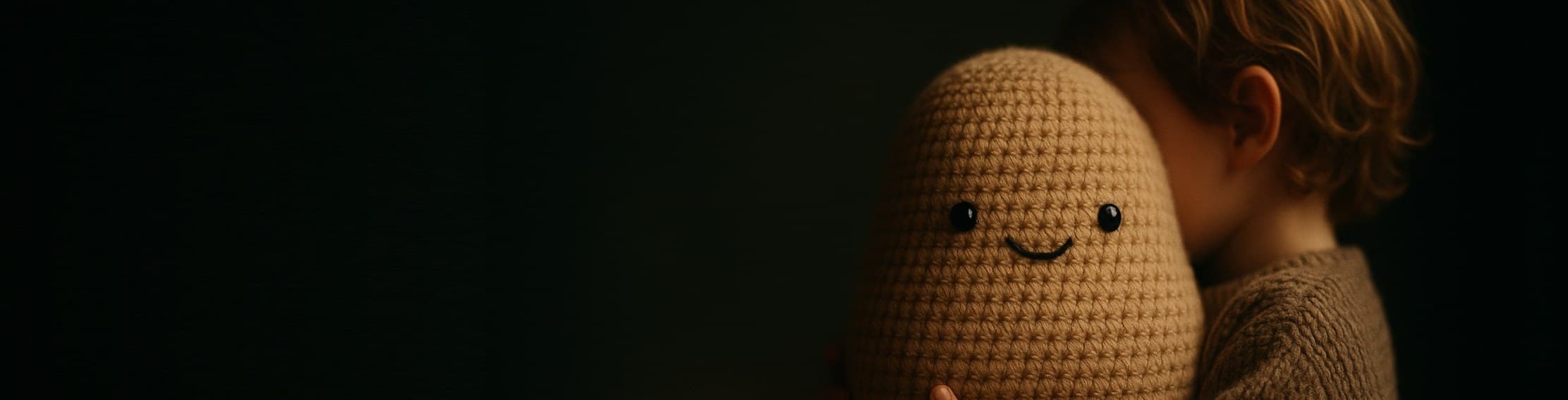 Un enfant serre sa Patatoche contre lui, le visage caché dans la peluche.